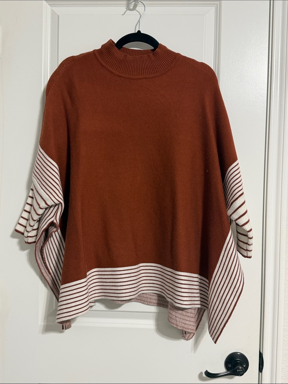 Rust Stripe-Trim Poncho Sweater - Women
